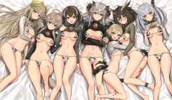 6+girls absurdres ahoge animal_print arknights barefoot bell bikini black_eyes blush breasts bright_pupils brown_eyes brown_hair clothes_lift collar cow_print cowbell demon_horns dragon_horns earrings feather_hair female_focus glasses gluteal_fold head_wings highres horns hug ifrit_(arknights) infection_monitor_(arknights) jewelry light_brown_hair lying magallan_(arknights) material_growth mayer_(arknights) medium_breasts muelsyse_(arknights) multicolored_hair multiple_girls navel neck_bell on_back on_side orange_eyes oripathy_lesion_(arknights) pointy_ears ptilopsis_(arknights) saria_(arknights) shirt_lift short_hair short_twintails sidelocks sigm@ silence_(arknights) silver_hair single_earring small_breasts smile streaked_hair swimsuit tail twintails white_pupils wings rating:Questionable score:111 user:danbooru
