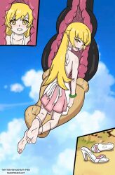  1girl barefoot blonde_hair bracelet cell_(dragon_ball) clenched_teeth cross-section defeat dragon_ball dragonball_z dress feet foot_focus jewelry long_hair monogatari_(series) nashdnash2007 oshino_shinobu peril pointy_ears sandals scared sharp_teeth shoes soles sundress tail_vore teeth toes unworn_sandals unworn_shoes vampire vore watermark x-ray 