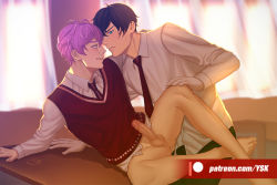 2boys ass barefoot black_hair blush bottomless bulge censored classroom crotch desk erection feet jave_(seven_knights) lying multiple_boys naughty_face penis purple_hair scar school seven_knights smile spike_(seven_knights) testicles toes undressing yaoi yasaka_kumo rating:Explicit score:12 user:harucho
