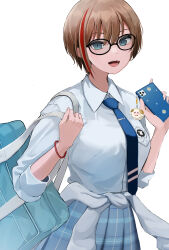  .noz 1girl absurdres black-framed_eyewear blue_eyes blue_necktie blue_skirt blue_sweater breasts brown_hair cellphone clothes_around_waist collared_shirt dress_shirt glasses highres holding holding_phone kurusu_natsume kurusu_natsume_(4th_costume) long_sleeves looking_at_viewer medium_breasts miniskirt multicolored_hair necktie nijisanji official_alternate_costume official_alternate_hairstyle open_mouth phone plaid plaid_skirt pleated_skirt red_hair school_uniform shirt short_hair skirt sleeves_rolled_up smartphone solo streaked_hair sweater sweater_around_waist tomboy virtual_youtuber white_shirt wing_collar 