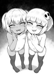  2girls black_background black_thighhighs blunt_bangs blush collarbone fangs flat_chest from_above full_body gi0 gradient_background greyscale loli looking_at_viewer monochrome multiple_girls navel nipples nude open_mouth original sharp_teeth short_hair short_twintails smile smug standing tan tanline teeth thick_eyebrows thighhighs twintails upper_teeth_only white_background 