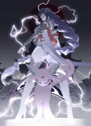 1girl absurdres animal_ears blunt_bangs braid creatures_(company) crossover dark_background electricity espeon forehead_jewel from_side game_freak gen_2_pokemon genshin_impact gluteal_fold hair_flowing_over hair_ribbon high_heels highres japanese_clothes lightning long_hair looking_at_viewer looking_back multiple_tails nintendo outdoors peannutdk pokemon pokemon_(creature) purple_eyes purple_fur purple_hair raiden_shogun ribbon single_braid standing tail thick_thighs thighhighs thighs 