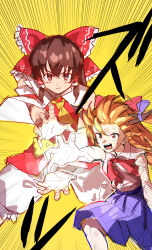  2girls absurdres ascot bangs_blown_up blush bow brown_eyes brown_hair brown_horns closed_mouth cookie_(touhou) dragon_ball dragonball_z father-son_kamehameha feet_out_of_frame frilled_bow frilled_hair_tubes frills hair_between_eyes hair_bow hair_tubes hakurei_reimu highres horns ibuki_suika japanese_clothes kamehameha_(dragon_ball) kanna_(cookie) long_bangs looking_at_viewer medium_hair miko multiple_girls oni open_mouth orange_hair red_bow red_shirt scene_reference shirt short_hair shorts simple_background sound_effects speed_lines spiked_hair tirano_tenchou touhou v-shaped_eyebrows white_shorts yamin_(cookie) yellow_ascot yellow_background 