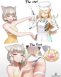  2girls absurdres animal_ears ass ass_grab assisted_exposure breasts cat_ears cleavage embarrassed fang grey_hair highres multiple_girls mythra_(xenoblade) nia_(xenoblade) panties smile underwear upskirt xenoblade_chronicles_(series) xenoblade_chronicles_2 yuri zambonito 