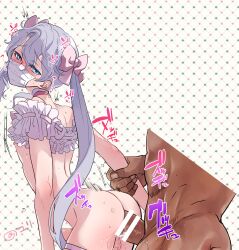  2boys anal arm_grab ass bare_shoulders blue_eyes blush bow censored choker closed_mouth crossdressing dark-skinned_male dark_skin doggystyle erection frills full_body garter_straps grey_hair hair_between_eyes hair_bow hair_ribbon holding_another&#039;s_arm hyuga_ryght jewelry karl_friedrich_howzer_(phantasy_star_universe) lolita_fashion long_hair male_focus male_penetrated mask miniskirt motion_lines mouth_mask multiple_boys nipples nose_blush penis phantasy_star phantasy_star_universe pink_bow pink_choker pink_ribbon ribbon sex sex_from_behind short_sleeves skirt sound_effects surgical_mask sweat sweatdrop trap trembling twintails yaoi yuriko2755  rating:Explicit score:94 user:danbooru