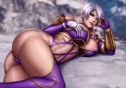  1girl ass bandai_namco blue_eyes boots breasts breasts_out flowerxl gloves highres huge_ass ice isabella_valentine large_breasts looking_at_viewer lying nipples on_side short_hair solo soul_calibur thighhighs video_game_character white_hair 