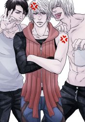  3boys abs alcohol beer beer_can black_hair blue_eyes can capcom cigarette crossed_arms crossover dante_(devil_may_cry) dante_(dmc:_devil_may_cry) devil_may_cry devil_may_cry_(series) devil_may_cry_3 dmc:_devil_may_cry drink_can hood hoodie male_focus multicolored_hair multiple_boys nero_(devil_may_cry) red_eyes ren_(dokyakutu) smoking tank_top topless_male two-tone_hair white_hair  rating:Sensitive score:40 user:roger_smith