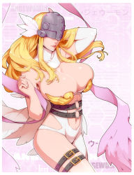 1girl angel angewomon armor bare_shoulders belt blonde_hair breasts bursting_breasts cleavage covered_eyes covering_face digimon digimon_(creature) digimon_adventure feathers helmet highres huge_breasts large_breasts long_hair materclaws navel smile solo rating:Questionable score:127 user:danbooru