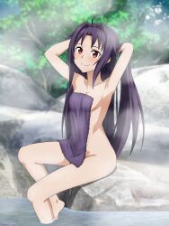  1girl absurdres ahoge armpits arms_behind_head arms_up blush breasts cleavage closed_mouth collarbone commentary_request completely_nude covering_privates foot_out_of_frame hair_intakes highres leg_up long_hair looking_at_viewer mysteryctu nude nude_cover onsen outdoors paid_reward_available purple_hair purple_towel red_eyes sidelocks sitting small_breasts smile soaking_feet solo steam sword_art_online wet yuuki_(sao) 