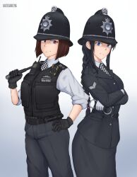  2girls absurdres baton_(weapon) belt black_belt black_gloves black_hair black_pants black_skirt black_tunic black_vest blue_eyes body_cam bow braid brown_eyes brown_hair checkered_necktie chevron_(symbol) commission commissioner_upload crossed_arms cuffs custodian_helmet epaulettes facing_viewer from_side gloves grzegorz1996 hair_bow hand_on_own_hip handcuffs hat helmet highres holding holding_weapon kobayakawa_miyuki long_hair multiple_girls necktie pants police police_hat police_uniform policewoman ponytail pouch revision shirt short_hair simple_background skirt sleeves_rolled_up smile taiho_shichauzo tsujimoto_natsumi tunic uniform united_kingdom vest walkie-talkie watermark weapon white_gloves white_shirt 