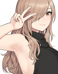 1girl armpits black_sweater blush closed_mouth hair_over_one_eye hand_up highres long_hair looking_at_viewer meme_attire one_eye_covered orange_eyes original simple_background smile solo sunaba_suzume sweat sweater upper_body v virgin_killer_sweater white_background rating:Sensitive score:96 user:danbooru