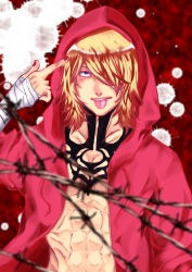  1boy abs absurdres artist_request blonde_hair blue_eyes gunji highres hood hoodie long_hair male_focus muscular pectorals red_background shirt simple_background solo tattoo teeth togainu_no_chi tongue  rating:Sensitive score:2 user:ThatB&amp;WFlag