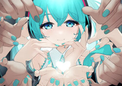  1girl absurdres blue_eyes blue_hair extra_arms extra_hands hatsune_miku heart highres mishizuka multiple_hands nail nail_polish  rating:General score:3 user:FelipHZ