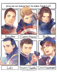 6+boys absurdres ant-man ant-man_(movie) avengers_(series) black_bodysuit black_choker black_hair black_headwear black_jacket black_shirt blonde_hair blue_bodysuit blue_eyes bodysuit brown_eyes brown_hair brown_necktie cable cape captain_america captain_america:_the_winter_soldier captain_america_(series) character_name character_request choker closed_mouth collared_jacket collared_shirt commentary_request copyright_request crossover english_text fang fingernails green_cape green_eyes gun hand_up hands_up hat hat_ornament highres holding holding_gun holding_shield holding_weapon jacket james_buchanan_barnes jojo_no_kimyou_na_bouken light_brown_hair loki_(marvel) long_sleeves looking_at_viewer looking_to_the_side male_focus marvel marvel_cinematic_universe medium_hair meme multiple_boys multiple_drawing_challenge necktie one_eye_closed open_mouth prosthesis prosthetic_arm red_bodysuit robert_e._o._speedwagon roku0180 scar scar_on_face scott_lang shield shirt short_hair simple_background six_fanarts_challenge smile star_(symbol) steve_rogers striped superhero_costume t-shirt teeth tesseract tongue upper_body v-shaped_eyebrows weapon white_background white_shirt winter_soldier wristband