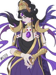  1girl ancient_greek_clothes black_hair breasts dress earrings forehead_jewel gem greco-roman_clothes hades_(series) highres jewelry large_breasts laurel_crown lipstick long_hair makeup mature_female mefomefo numbered nyx_(hades) pale_skin purple_lips simple_background skull solo sparkle yellow_eyes 