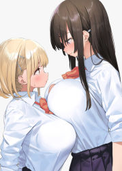 2girls black_skirt blonde_hair bow bowtie breast_rest breasts brown_eyes brown_hair button_gap closed_mouth grey_background hair_ornament hairclip height_difference kaisen_chuui large_breasts long_hair looking_at_another multiple_girls original raglan_sleeves red_neckwear school_uniform shirt short_hair simple_background skirt smile sweatdrop white_shirt rating:Sensitive score:110 user:danbooru