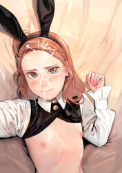  1girl animal_ears blush buttons closed_mouth commentary_request cum cum_on_hair facial fake_animal_ears female_focus flat_chest green_eyes hand_up highres loli long_sleeves looking_at_viewer medium_hair meme_attire nipples orange_hair original rabbit_ears reverse_bunnysuit reverse_outfit solo sweat textless_version title torii_yoshitsuna upper_body  rating:Explicit score:304 user:danbooru