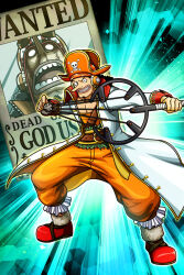  1boy black_hair full_body grin hat long_nose male_focus non-web_source one_piece pirate_hat poster slingshot_(weapon) smile solo tagme usopp wanted  rating:General score:1 user:danbooru