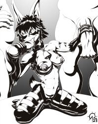  1girl 2boys animal_ears black_hair breasts claws fang fellatio furry furry_female goat_legs highres hooves large_breasts large_penis monochrome monster_girl multiple_boys neck_bell nipples no_nose one-punch_man oral penis pussy sacrificabominat tail  rating:Explicit score:1 user:GiovanniHunter