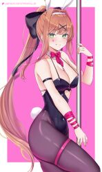  1girl absurdres animal_ears artist_name bare_shoulders black_bow black_leotard black_pantyhose border bow bowtie breasts brown_hair cleavage clothing_cutout commentary_request cowboy_shot detached_collar doki_doki_literature_club fake_animal_ears fake_tail green_eyes grin groin hair_bow hair_intakes hair_ornament hairband heart heart_cutout highleg highleg_leotard highres leotard light_blush looking_at_viewer medium_breasts mi_tarou0412 monika_(doki_doki_literature_club) necktie outside_border pantyhose patreon_logo patreon_username pink_background pink_bow pink_necktie playboy_bunny pole ponytail rabbit_ears rabbit_tail sidelocks simple_background skindentation smile solo stripper_pole tail teardrop_facial_mark tie_clip twitter_username watermark web_address white_border white_hairband x_hair_ornament 