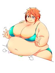  1girl belly belly_rest blush bongo_cat breasts brown_eyes cleavage fat highres huge_breasts meme obese orange_hair short_hair smile solo squarewave twitter  rating:Questionable score:30 user:leejunne
