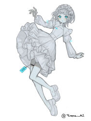  1girl aqua_eyes aqua_theme blush dress expressionless framed_cleavage frilled_hairband frills full_body grey_hair greyscale hairband lolita_hairband long_sleeves looking_at_viewer mary_janes monochrome original parted_lips shoes short_hair shrug_(clothing) simple_background solo spot_color tag thigh_strap tunena_mi white_background white_dress 