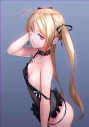 1girl ahoge ass black_panties blonde_hair blush breasts camisole choker chromatic_aberration covered_erect_nipples dead_or_alive disdain hair_ribbon kai_(link2262) long_hair looking_at_viewer marie_rose nipple_slip nipples original panties purple_eyes ribbon see-through simple_background small_breasts solo strap_slip twintails underwear underwear_only rating:Questionable score:240 user:danbooru