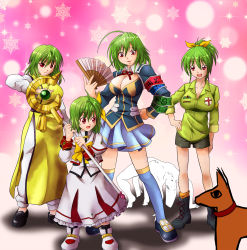  &lt;o&gt;_&lt;o&gt; 1boy 4girls ahoge alest_lusia anubis-kun breasts cleavage cosplay hand_fan fujiwara_no_michinaga green_hair green_shirt hat highres kazami_yuuka kurama_(cosplay) kurama_(yu_yu_hakusho) kurokami_medaka kurokami_medaka_(cosplay) large_breasts lyrical_nanoha medaka_box midorikawa_nao midorikawa_nao_(cosplay) multiple_girls precure red_eyes shirt smile_precure! snowflakes staff takamachi_nanoha takamachi_nanoha_(cosplay) tate_eboshi thighhighs touhou yuu_yuu_hakusho 