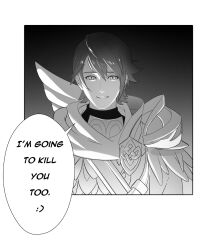  1boy alfonse_(fire_emblem) emblem english_text evil_grin evil_smile fire_emblem fire_emblem_heroes gradient_background greyscale grin hair_between_eyes long_sleeves looking_at_viewer monochrome nintendo pomelomelon short_hair simple_background smile solo uniform upper_body 