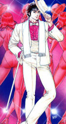 1980s_(style) 1boy 2girls bow bowtie cane city_hunter hand_in_pocket hat houjou_tsukasa leotard looking_at_viewer multiple_girls official_art oldschool retro_artstyle saeba_ryou scarf short_hair standing white_scarf rating:Sensitive score:0 user:jojosstand
