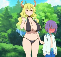  10s 1boy 1girl age_difference blonde_hair breasts closed_eyes highres kobayashi-san_chi_no_maidragon large_breasts long_hair lucoa_(maidragon) magatsuchi_shouta multicolored_hair screencap stitched swimsuit third-party_edit  rating:Questionable score:73 user:Bandiger