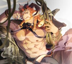  1boy abs absurdres animal_ears animal_feet another_eidos-r azmond_(another_eidos) bara bare_pectorals beard body_fur bracelet braid bulge chain chest_harness curled_horns facial_hair fingernails forked_eyebrows full_beard goat_boy goat_ears goat_horns gold_chain gradient_background grey_background harness highres horizontal_pupils horns jewelry large_pectorals licking_lips looking_at_viewer low_twin_braids male_focus monster_boy multiple_horns muscular muscular_male mustache_stubble muuunya000 nipples orange_hair pectorals plant satyr sharp_fingernails sitting smoke snake solo stubble thick_eyebrows tongue tongue_out twin_braids vines 