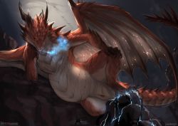  1boy 1girl absurdres dragon giant giant_monster highres horns monster_hunter_(series) pregnant tail  rating:Questionable score:14 user:omega9999