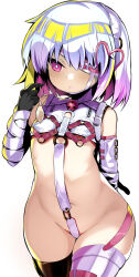  1girl absurdres asymmetrical_legwear bare_shoulders blush bondage_outfit breasts crop_top crotch_strap dohna_dohna_issho_ni_warui_koto_o_shiyou elbow_gloves eyepatch gloves highres looking_at_viewer mismatched_legwear navel pink_eyes porno_(dohna_dohna) revealing_clothes shimejinameko short_hair small_breasts solo thighhighs thighs white_hair 