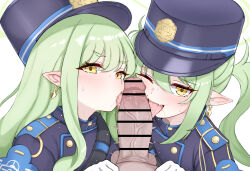  1boy 2girls absurdres armband bar_censor blue_archive blue_armband blush censored cooperative_fellatio daram_(shappydude) erection fellatio green_hair heart hetero highres hikari_(blue_archive) licking licking_penis looking_at_viewer multiple_girls nozomi_(blue_archive) oral penis pointy_ears pov pov_crotch saliva siblings simple_background sisters sweat testicles textless_version tongue tongue_out twins veins veiny_penis white_background 