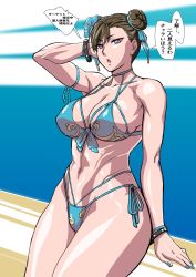  1girl beach bikini capcom chun-li highres japanese_text looking_at_viewer makinaru street_fighter swimsuit  rating:Questionable score:96 user:Jhonsb301098_1