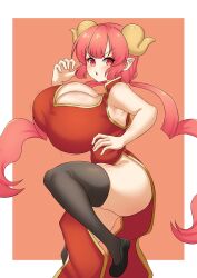  1girl ass bouncing_breasts breasts china_dress chinese_clothes cleavage_cutout clothing_cutout curvy dragon_girl dress fighting_stance highres horns huge_breasts ilulu_(maidragon) kobayashi-san_chi_no_maidragon looking_at_viewer puffywaffles red_dress shiny_skin solo 