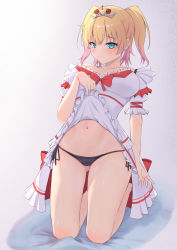  1girl akai_haato akai_haato_(6th_costume) aqua_eyes black_panties blonde_hair blush breasts breasts_apart closed_mouth clothes_lift collarbone dress dress_lift frown full_body gluteal_fold gradient_hair hanefuro highres hololive kneeling large_breasts looking_at_viewer multicolored_hair navel panties pink_hair side-tie_panties solo square_neckline thighs tiara two_side_up underwear virtual_youtuber 