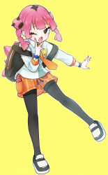  1girl 2024 backpack bag black_bag black_eyes blue_wristband clothes coral_(pokemon) eyebrows_through_hair eyes_visible_through_hair fang fully_clothed_female long_sleeves looking_at_viewer metallic_g one_eye_closed open_mouth orange_shorts pink_hair pink_nails shirt shorts simple_background standing teeth white_shirt yellow_background  rating:General score:0 user:absynth