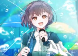  1girl aose_ao bang_dream! bang_dream!_it&#039;s_mygo!!!!! blue_jacket collared_shirt commentary_request earrings grey_hair highres holding holding_microphone holding_umbrella jacket jewelry microphone music open_mouth orange_eyes rain shirt short_hair singing smile solo takamatsu_tomori transparent transparent_umbrella umbrella upper_body white_shirt 