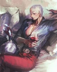  2boys alcohol bara beard belt bishounen closed_eyes couch cup dante_(devil_may_cry) devil_may_cry devil_may_cry_(series) devil_may_cry_4 drinking_glass drunk facial_hair formal hair_over_one_eye highres holding lap_pillow large_pectorals lying lying_on_lap lying_on_person male_focus multiple_boys muscular muscular_male nero_(devil_may_cry) on_side open_clothes open_shirt pants pectorals red_pants red_wine shirt sitting sleeping sleeping_on_person smile tight_clothes tight_shirt toned toned_male uncle_and_nephew upper_body wenwen_0902 white_hair white_shirt wine wine_glass 