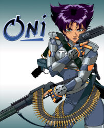 1girl 2000s_(style) ammunition_belt aqua_background armor bullet bungie cartridge clothes_writing copyright_name cover determined dual_wielding false_smile fighting_stance fingerless_gloves fingernails glaring gloves gradient_background green_eyes gun hair_in_eyes handgun konoko_(oni) highres holding konoko_(oni) light_machine_gun light_smile lipstick looking_at_viewer lorraine_reyes_mclees makeup official_art oni_(game) orange_trim police police_uniform policewoman pump_action purple_eyes purple_hair retro_artstyle revolver science_fiction shadow shiny_skin shotgun smile solo spas-12 swat tactical_clothes tan third-party_edit third-party_source title toned trigger_discipline uniform video_game_cover weapon weapon_request white_background