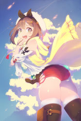 1girl artist_request ass atelier_(series) atelier_ryza atelier_ryza_1 bare_shoulders belt blouse blue_sky blush breasts brown_eyes brown_hair brown_thighhighs cowboy_shot fang from_behind hair_ornament hairclip hat highres looking_at_viewer open_mouth red_shorts reisalin_stout shiny_clothes shiny_skin shirt short_hair short_shorts shorts sideboob sky smile solo standing thighhighs thighs white_hat white_shirt white_thighhighs rating:Questionable score:9 user:armorcrystal