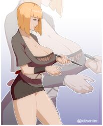  1girl blonde_hair breasts cleavage female_focus highres huge_breasts kunai materclaws naruto_(series) naruto_shippuuden purple_eyes samui_(naruto) short_hair skindentation solo thick_thighs thighs weapon  rating:Sensitive score:40 user:catonfire26
