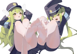  1girl absurdres armband arms_up black_hat black_shorts blue_archive blue_armband buttons double-breasted fang feet foot_focus gloves green_hair hat hikari_(blue_archive) nozomi_(blue_archive) highres hikari_(blue_archive) long_hair looking_at_viewer mesugaki no_shoes nozomi_(blue_archive) panties panties_under_pantyhose pantyhose pantyshot peaked_cap pointy_ears rabbit_pose shorts skin_fang smile soles sp_(8454) toes train_conductor twintails underwear white_background white_gloves white_panties white_pantyhose  rating:Sensitive score:79 user:danbooru
