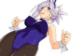  1girl animal_ears bad_source blue_eyes bow bowtie breasts brown_pantyhose covered_navel detached_collar fake_animal_ears fate/grand_order fate_(series) grey_hair haruhisky large_breasts leotard long_hair miyamoto_musashi_(fate) pantyhose playboy_bunny ponytail purple_bow purple_bowtie purple_pantyhose rabbit_ears simple_background solo white_background white_wrist_cuffs wrist_cuffs 