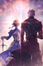  1boy 1girl ahoge archer_(fate) armor armored_dress artoria_pendragon_(all) artoria_pendragon_(fate) back bad_id bad_pixiv_id black_pants blonde_hair caliburn_(fate) commentary facing_away fate/stay_night fate_(series) from_behind gloves h_sueun highres holding holding_sword holding_weapon jacket light pants red_jacket saber_(fate) short_hair sunlight sunrise sword weapon white_hair  rating:Sensitive score:4 user:danbooru