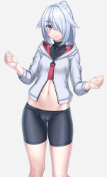  1girl bangs bike_shorts black_sports_bra blue_eyes blush breasts clenched_hands closed_mouth commentary_request covered_collarbone cowboy_shot grey_background groin hair_between_eyes hair_flaps hair_intakes hair_over_one_eye hood hood_down hoodie long_hair looking_at_viewer midriff myouan navel original partially_unzipped ponytail shirakami_itsuki sidelocks simple_background skindentation small_breasts solo sports_bra standing w_arms white_hair white_hoodie 