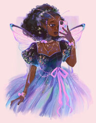  1girl alt_text antennae artist_name black_hair black_nails bow commentary dark-skinned_female dark_skin dress english_commentary facing_viewer fairy_wings flower geneva_bowers hair_flower hair_ornament highres holding holding_phone jewelry necklace original phone photoshop_(medium) pink_bow pink_ribbon pointy_ears ribbon selfie simple_background skirt_hold solo tattoo wings 