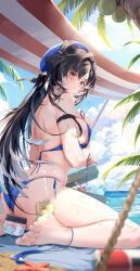  1girl ass back barefoot beach beach_towel bikini black_hair blue_bikini blue_headwear blurry blush breasts brown_eyes closed_mouth clouble cloud coconut coconut_tree cooler covering_privates covering_breasts depth_of_field feet foot_out_of_frame hair_between_eyes highres legs long_hair looking_at_viewer lotion medium_breasts multicolored_hair ocean outdoors palm_tree shoulder_blades sidelocks sitting solo starfish sunscreen swimsuit thighs toenails toes towel tree two-tone_hair wariza white_hair wuthering_waves yangyang_(wuthering_waves)  rating:Sensitive score:37 user:danbooru